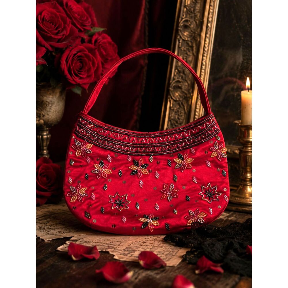 Vintage 90s Lord & Taylor Red Satin Beaded Handbag Dark Romance Formal holiday